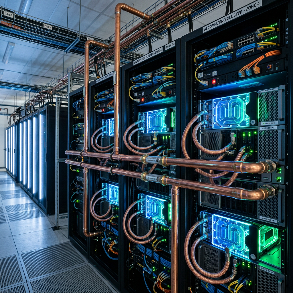 Rows of liquid-cooled servers in an AI computing cluster