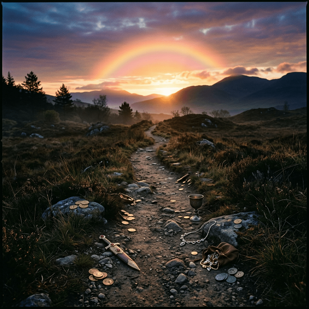 Mountain trail at sunset with coins, jewelry, goblet, and jeweled dagger