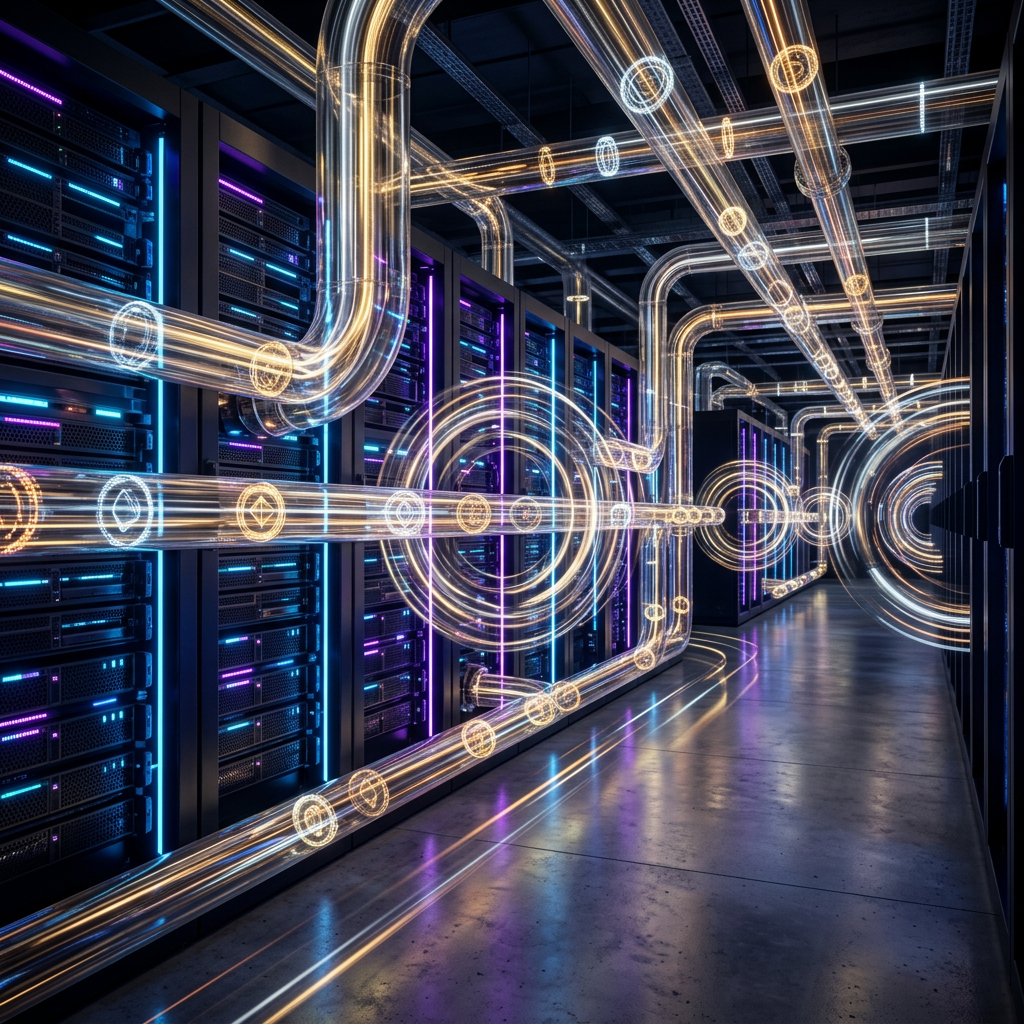 Glowing network pathways weaving through rows of illuminated server racks