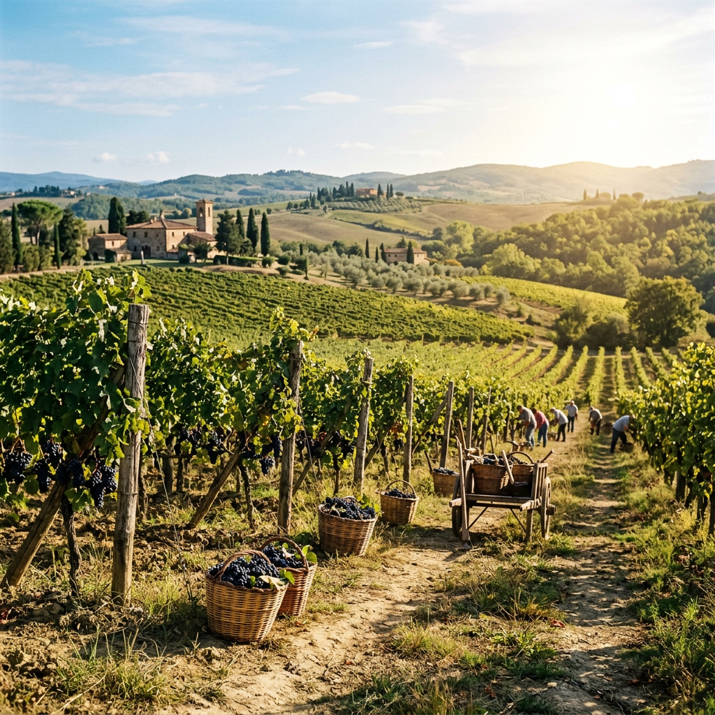Workers harvesting grapes in a sunlit vineyard near a Tuscan village