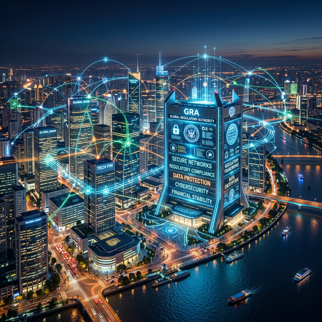 Nighttime city with GRA Global Regulatory Authority tower labeled secure networks, regulatory compliance, data protection, cybersecurity, and financial stability