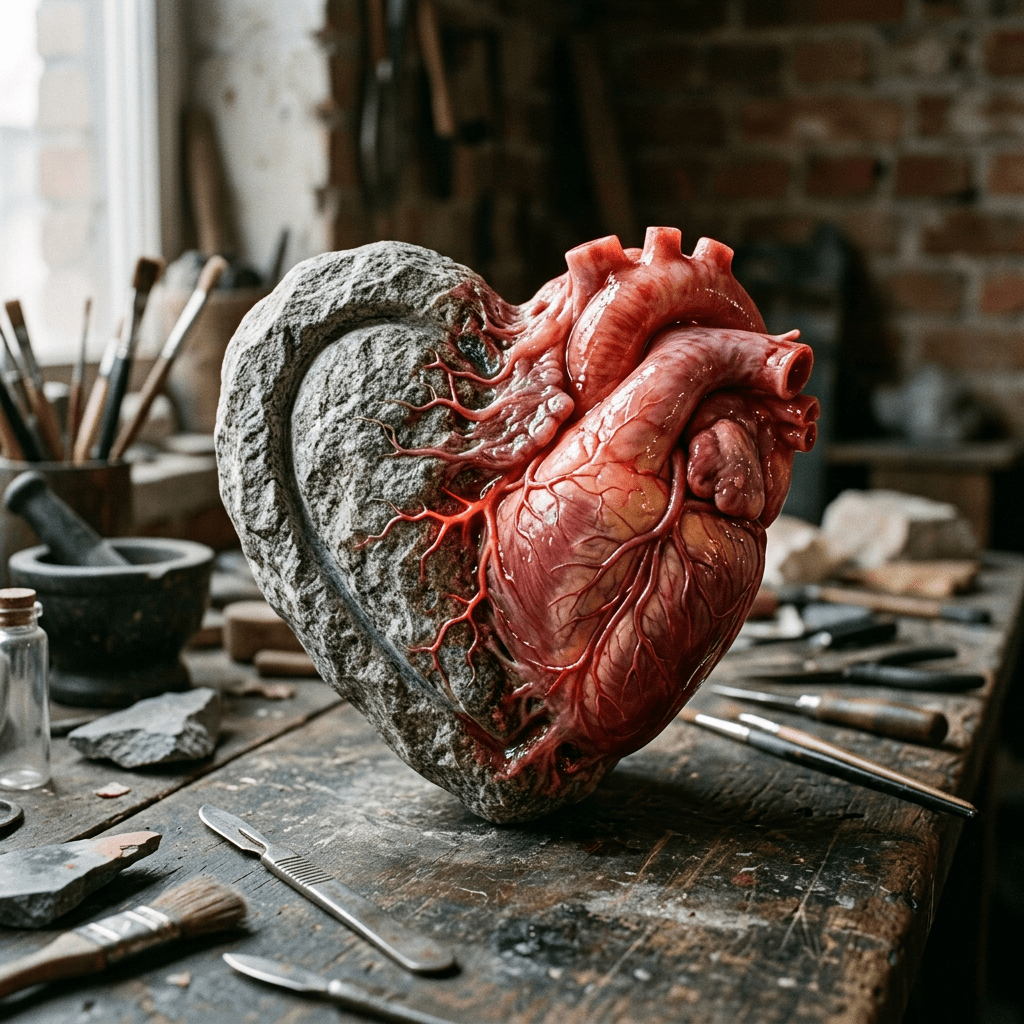 An anatomical heart fused with a weathered stone sculpture on a workbench