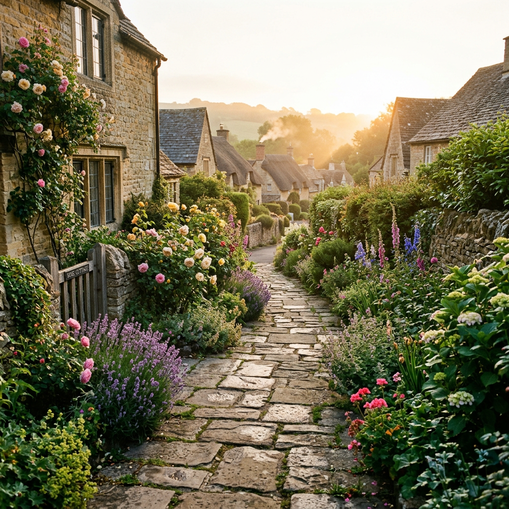 Flower-lined stone path through a village at sunset