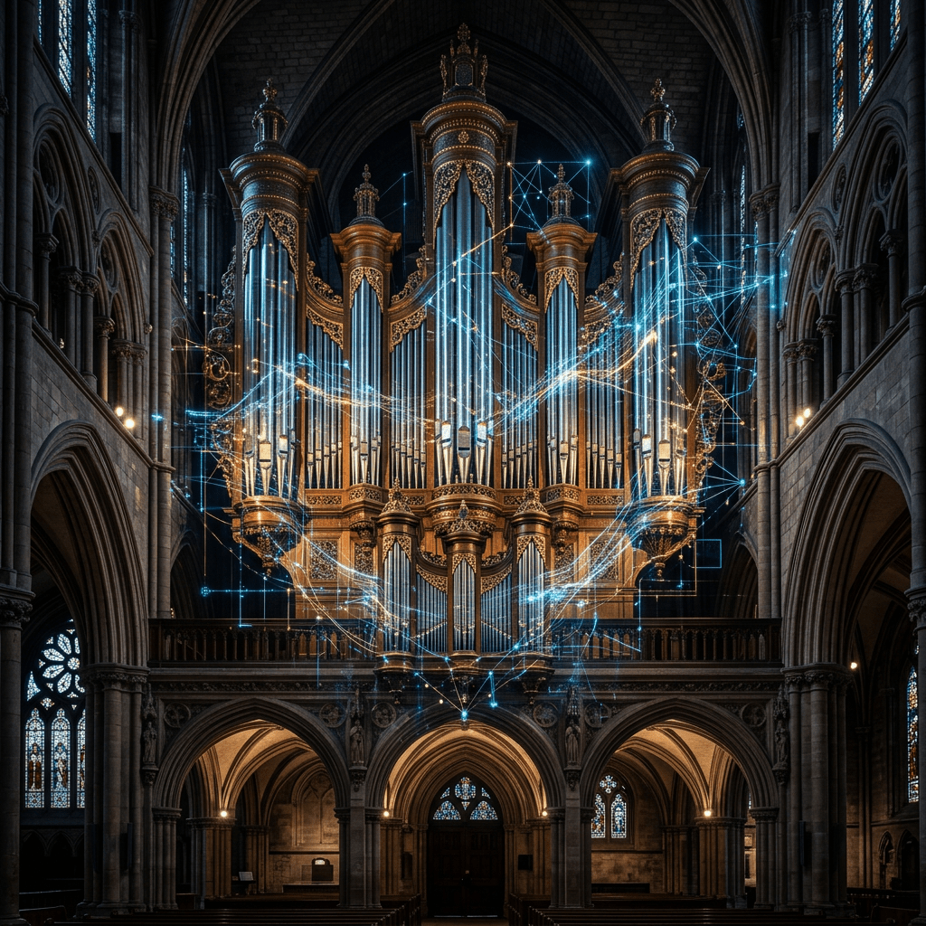 Ornate pipe organ with glowing blue network patterns inside a Gothic cathedral