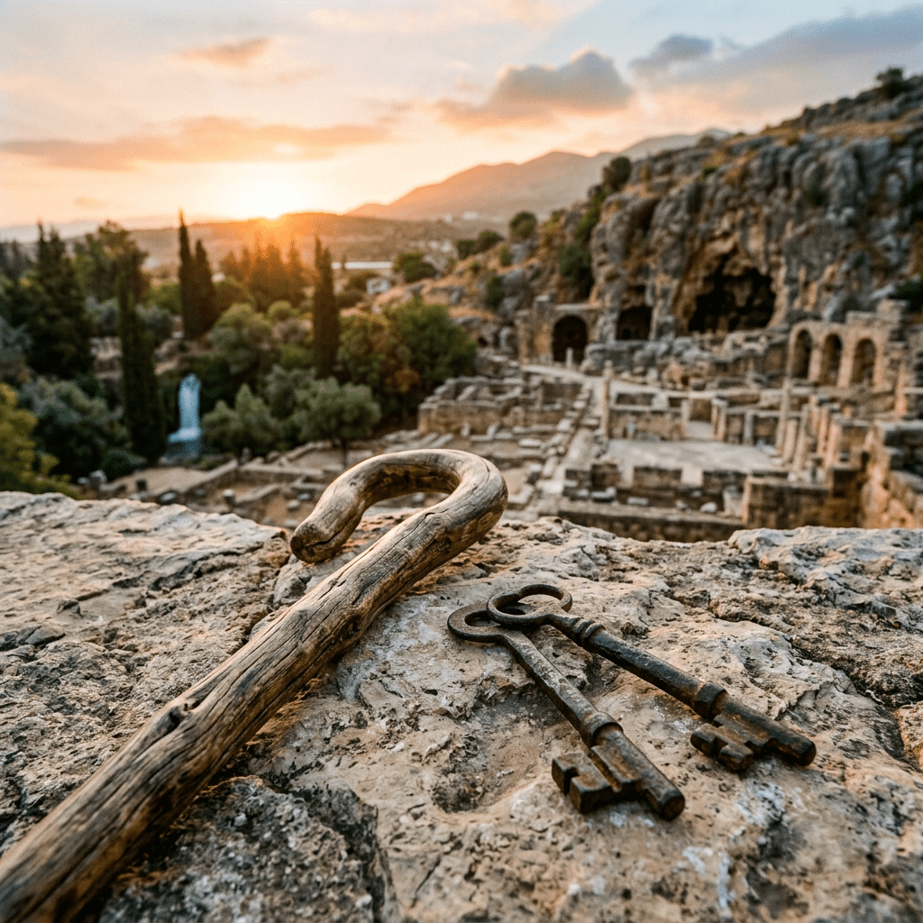 Antique keys and wooden staff on a stone ledge above ancient ruins