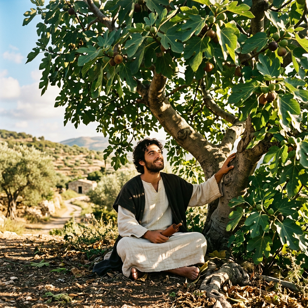 Man in robes sitting beneath a fig tree in a rural landscape