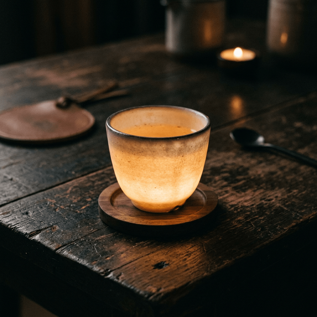 Glowing cup of tea on a wooden coaster beside a candle