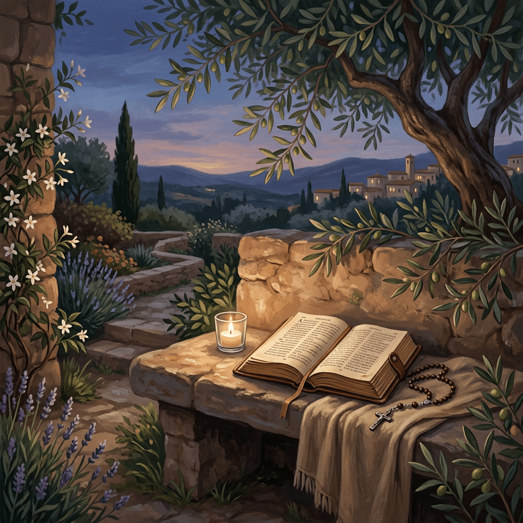 Open prayer book, rosary, and candle on a stone table overlooking a village