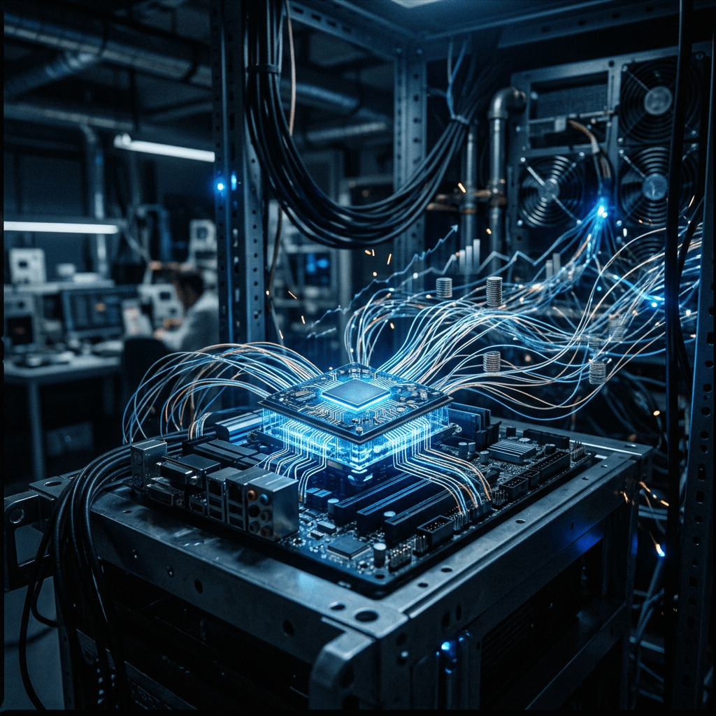 Glowing processor on a circuit board connected to colorful cables