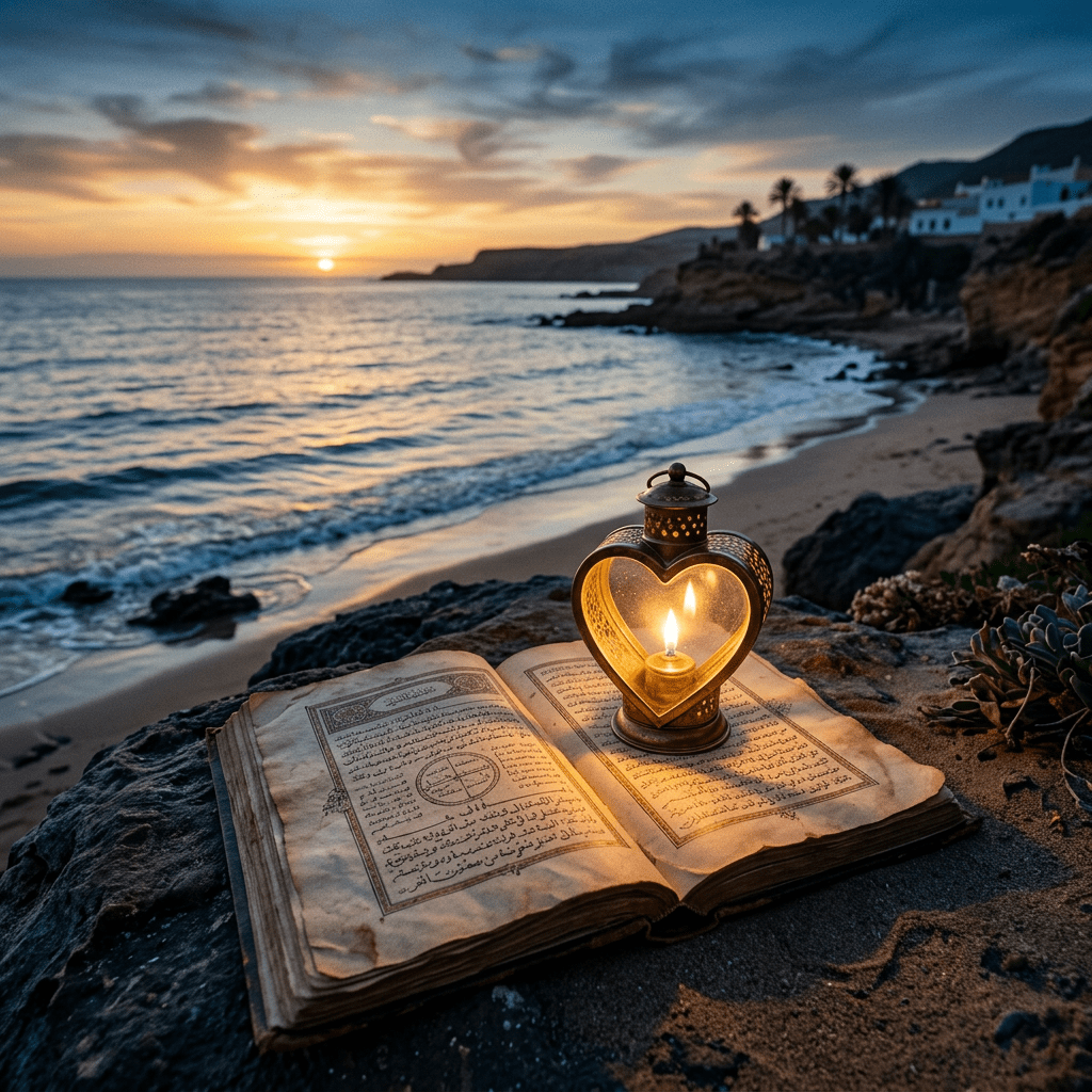 Open Arabic book and glowing heart-shaped lantern beside a sunset beach