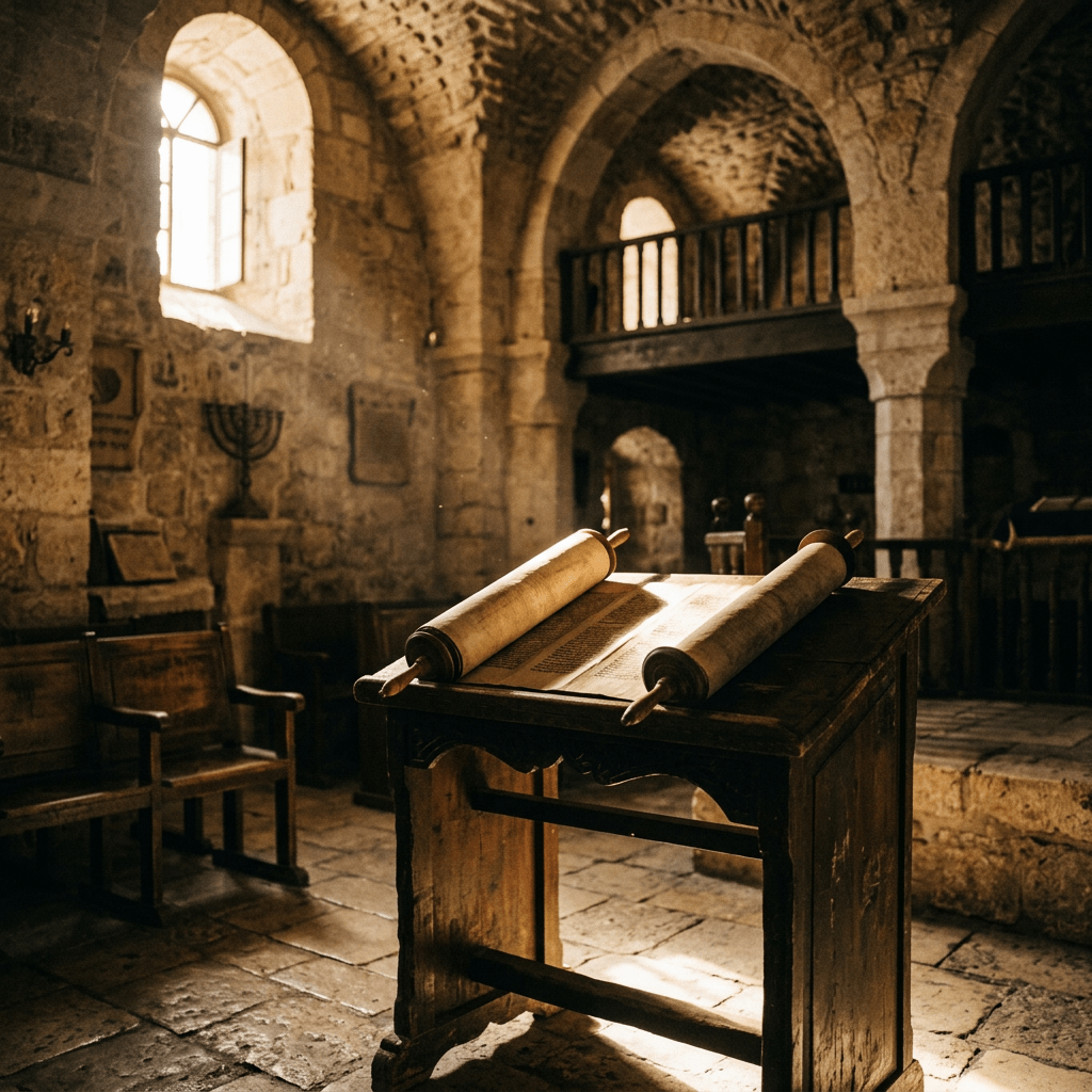 Open Torah scroll on a wooden reading stand inside a historic synagogue