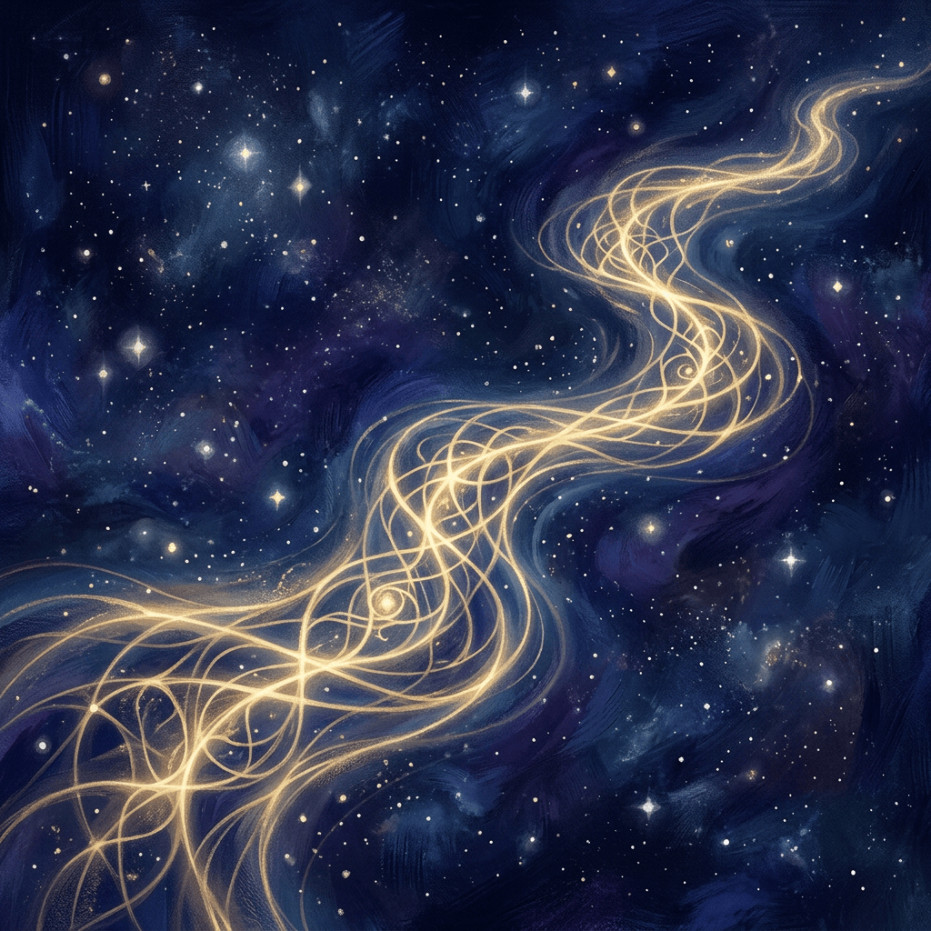 Golden swirling path winding through a star-filled deep blue cosmos