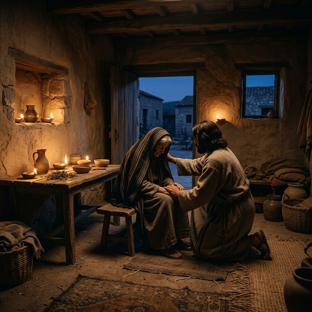 Man kneeling beside and comforting an elderly woman in a candlelit rustic room