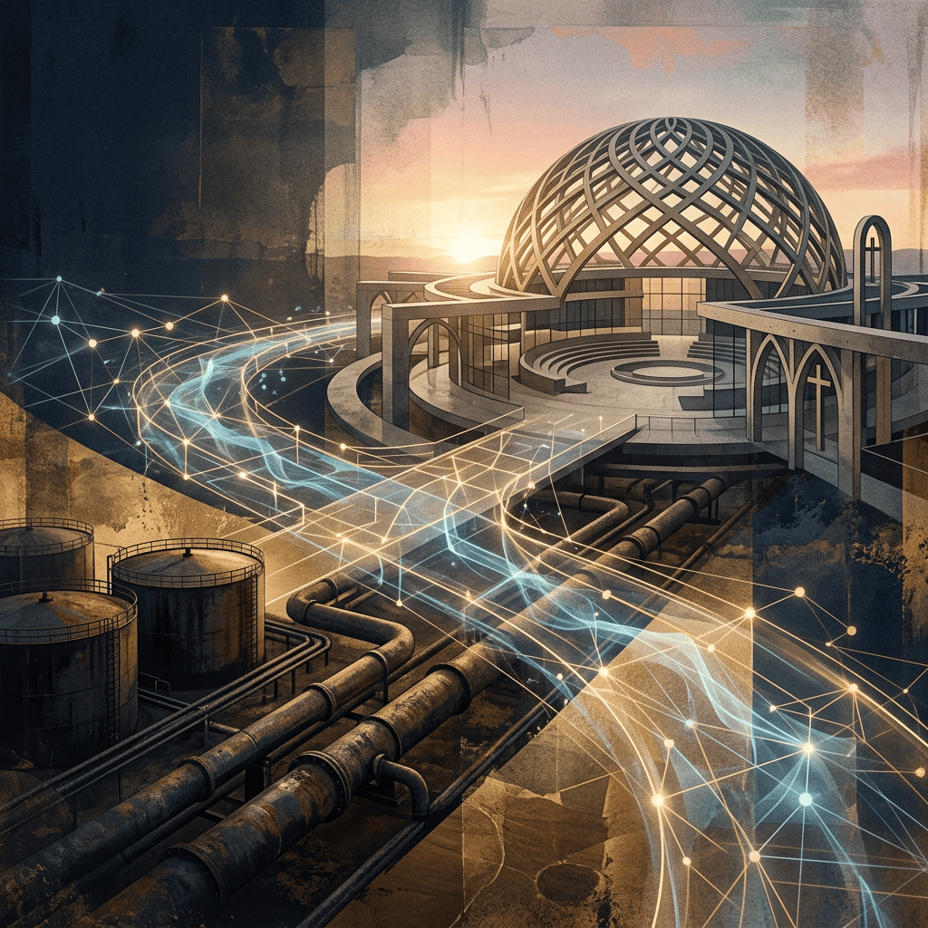 Futuristic domed sanctuary above industrial pipelines with glowing network lines