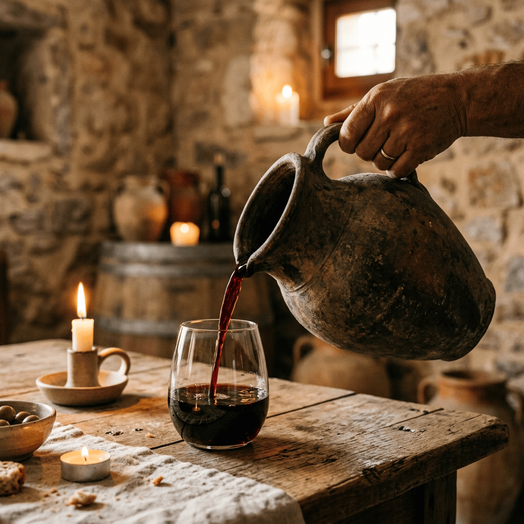 Hand pouring red wine from a ceramic pitcher into a glass