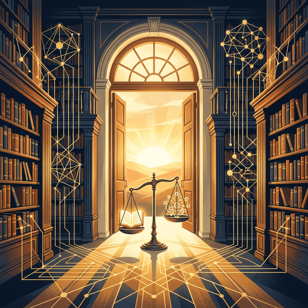 Library with glowing doorway, balanced scales, book, and technological network lines