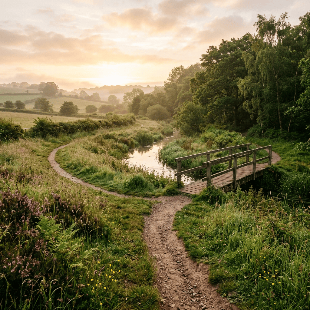 Wooden footbridge crossing a stream on a countryside trail at sunset
