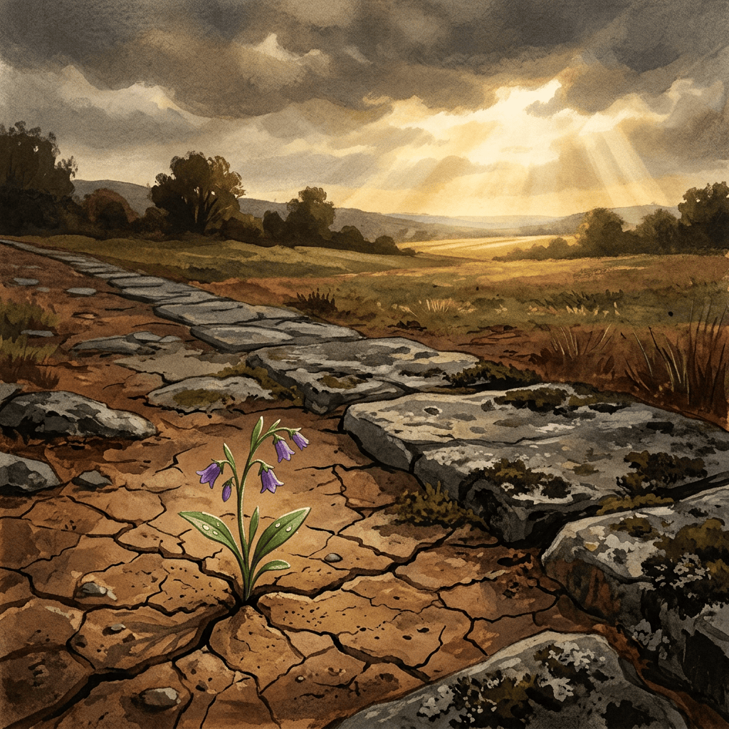 Purple wildflower growing through cracked earth beside a stone path
