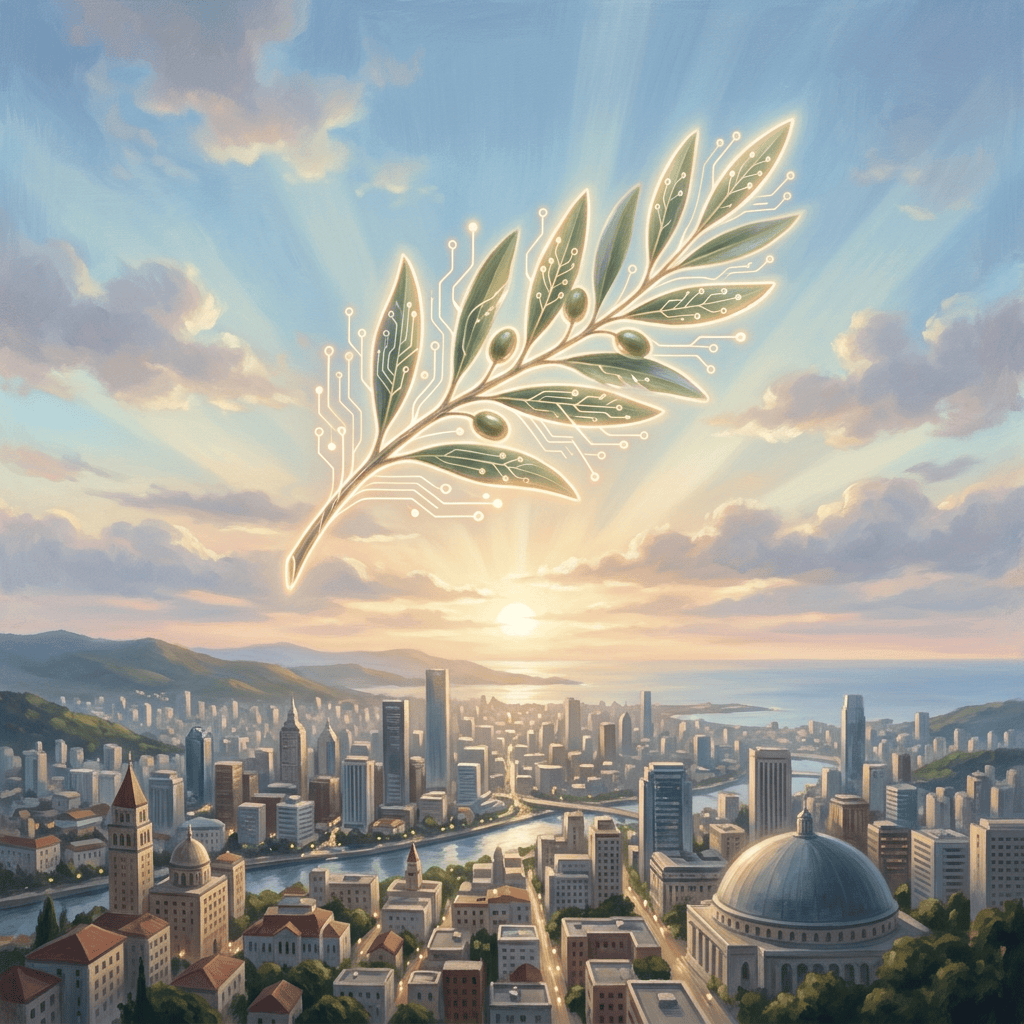 Glowing circuit-patterned olive branch above a sunlit coastal city