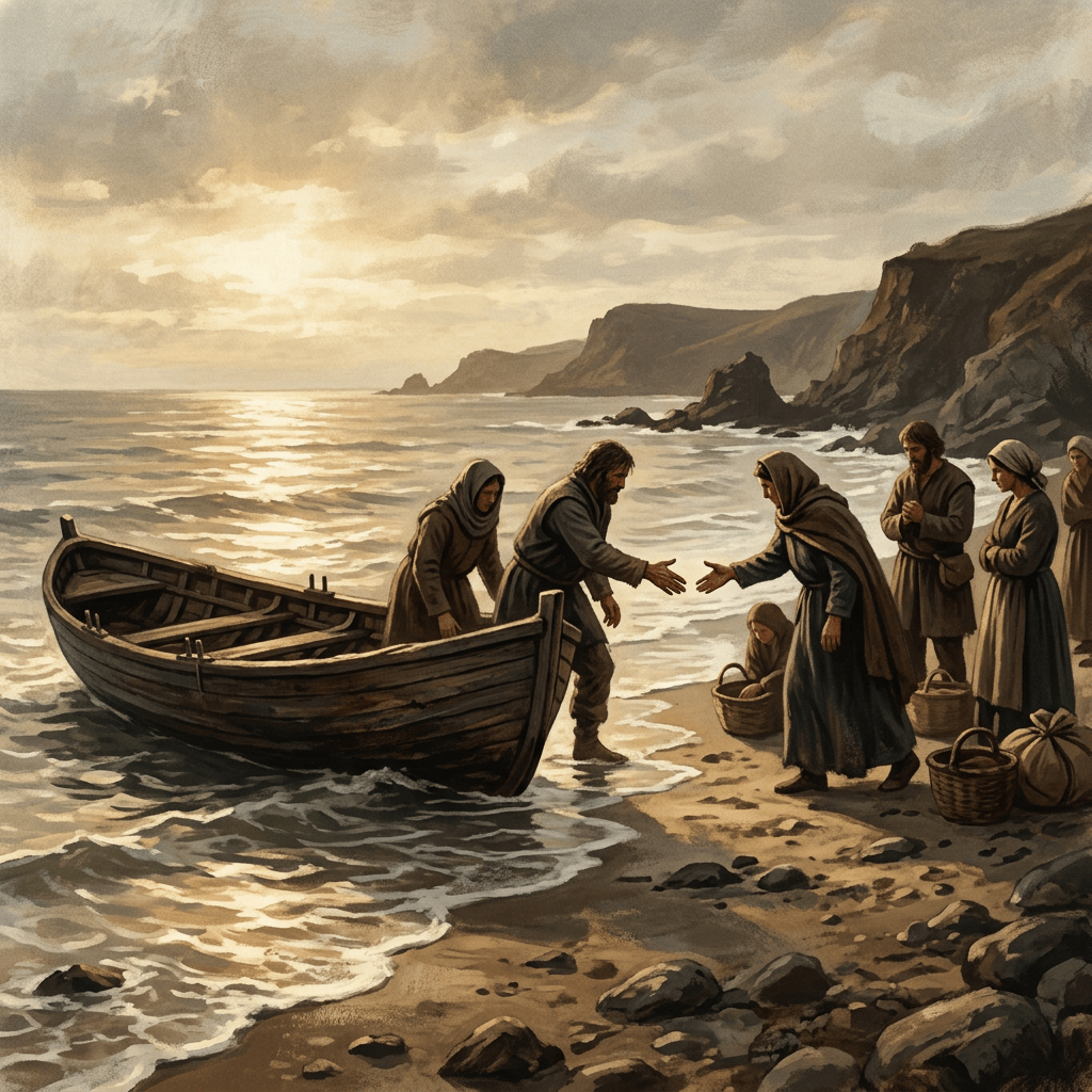 Travelers welcome a man arriving by boat on a rocky shore
