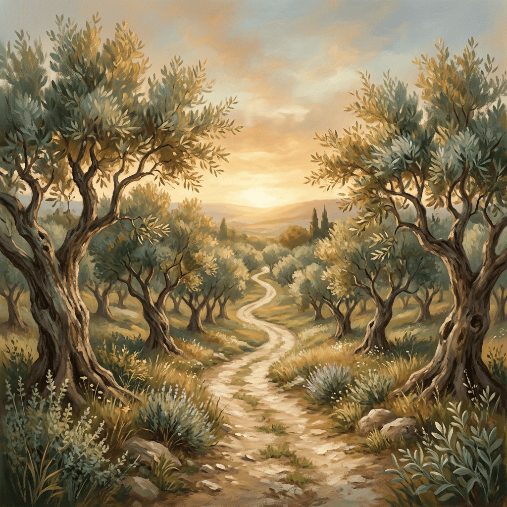 Winding path through an olive grove at sunset