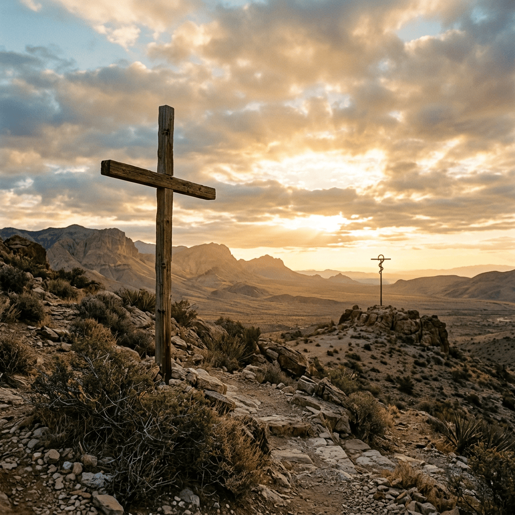 Weathered wooden cross overlooking desert mountains at sunset