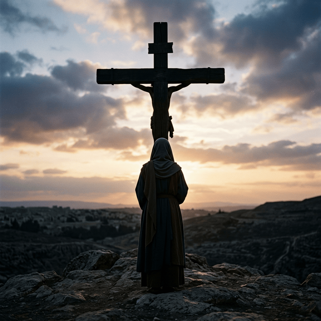 A robed figure standing beneath a wooden cross at sunset
