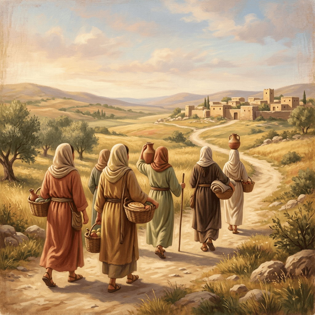Five robed travelers carrying baskets and pottery walk toward a hilltop village.