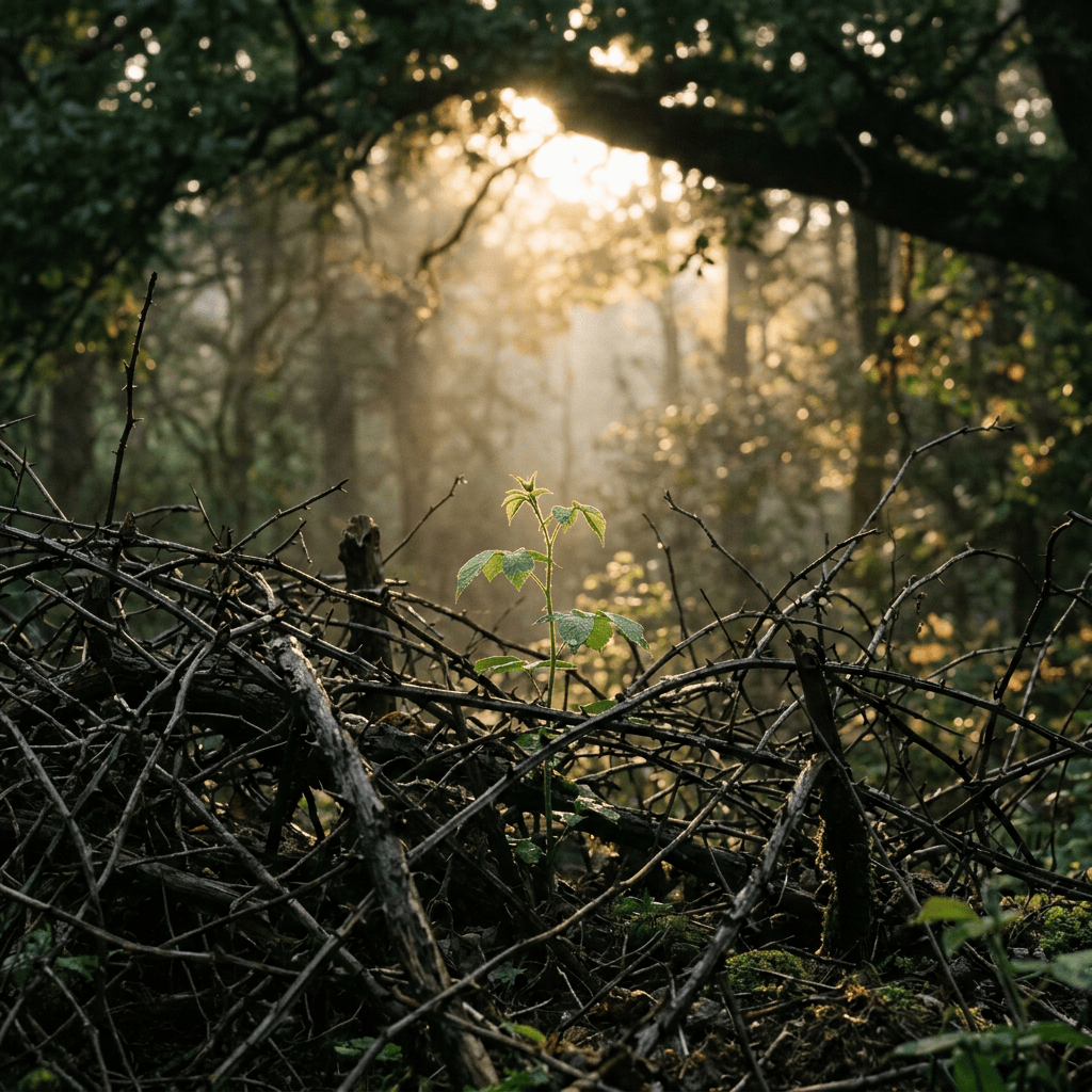 Young green plant growing among tangled branches in a sunlit forest