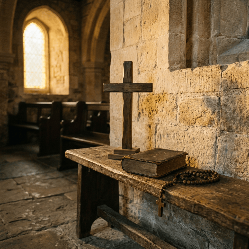 Wooden cross, Bible, and rosary on a bench inside a stone chapel