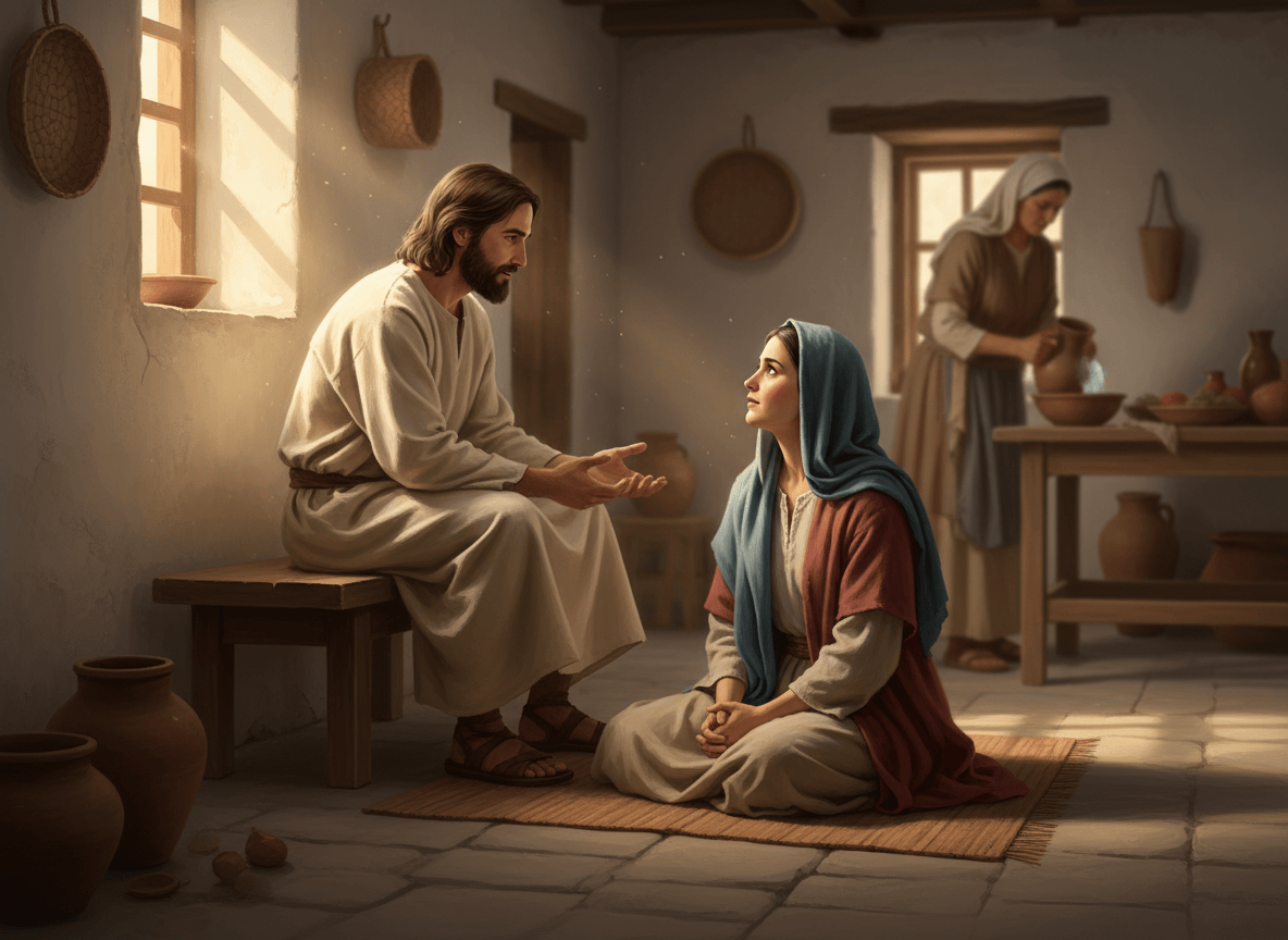 A reverent, warm editorial illustration for a Christian devotional post: Mary seated attentively at Jesus' feet in a simple first-century Mediterranean home, Jesus speaking gently, Martha serving quietly in the softly blurred background. Natural golden window light, calm contemplative atmosphere, tasteful realistic painterly style, no text, no lettering, no halos, landscape composition suitable for a blog featured image.