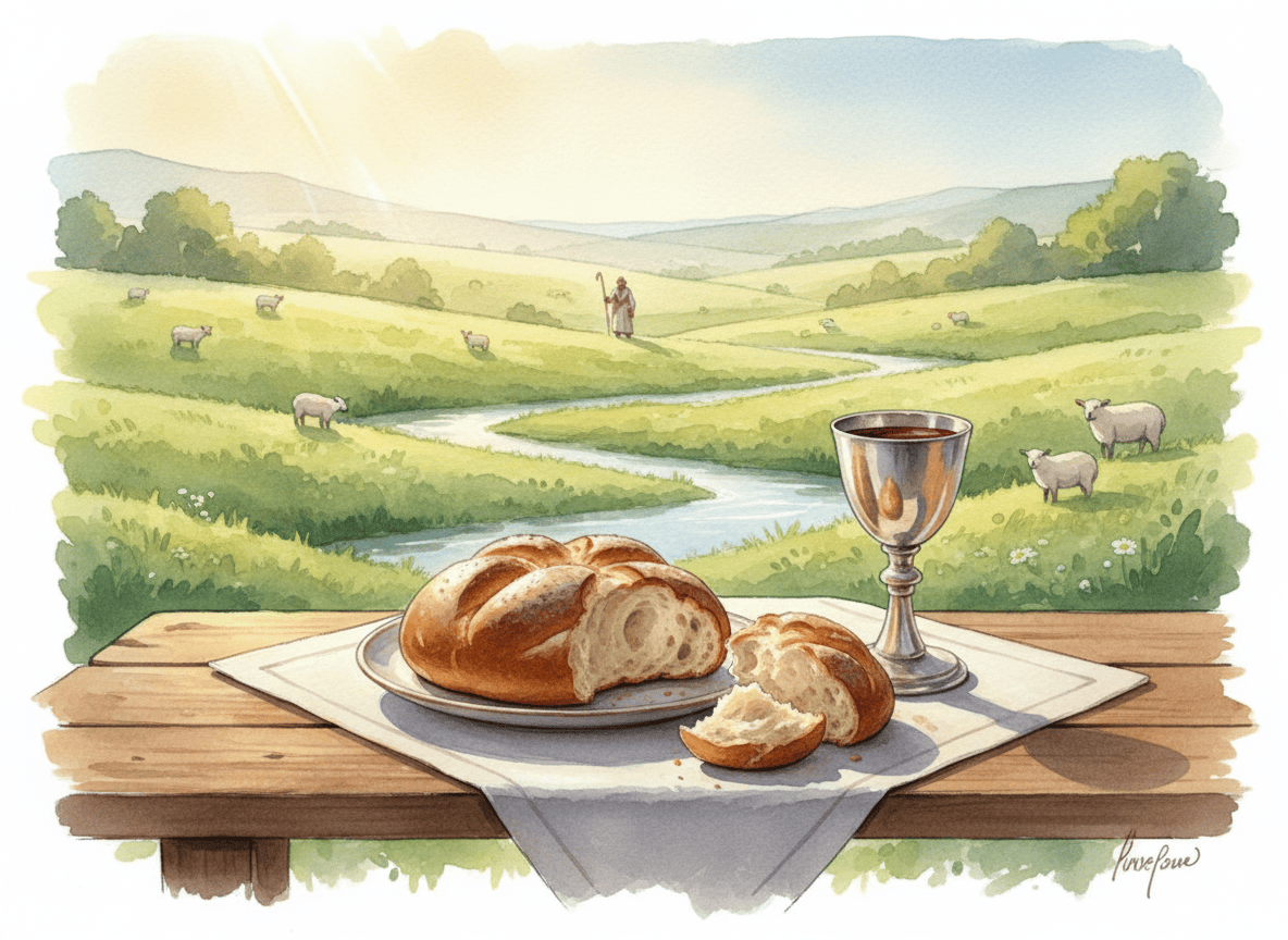 A reverent, warm editorial illustration for a Christian devotional post inspired by Psalm 23 and Sunday readings: a beautifully set communion table with bread and a cup in the foreground, soft golden morning light, subtle pastoral landscape and gentle green meadow tones in the background, peaceful and welcoming atmosphere, tasteful contemporary watercolor and photographic realism blend, no text, no lettering, no logos.