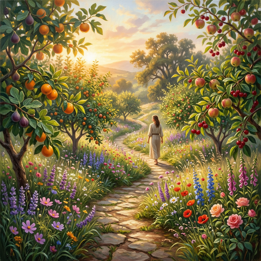 Woman walking along a flower-lined path through a fruit orchard
