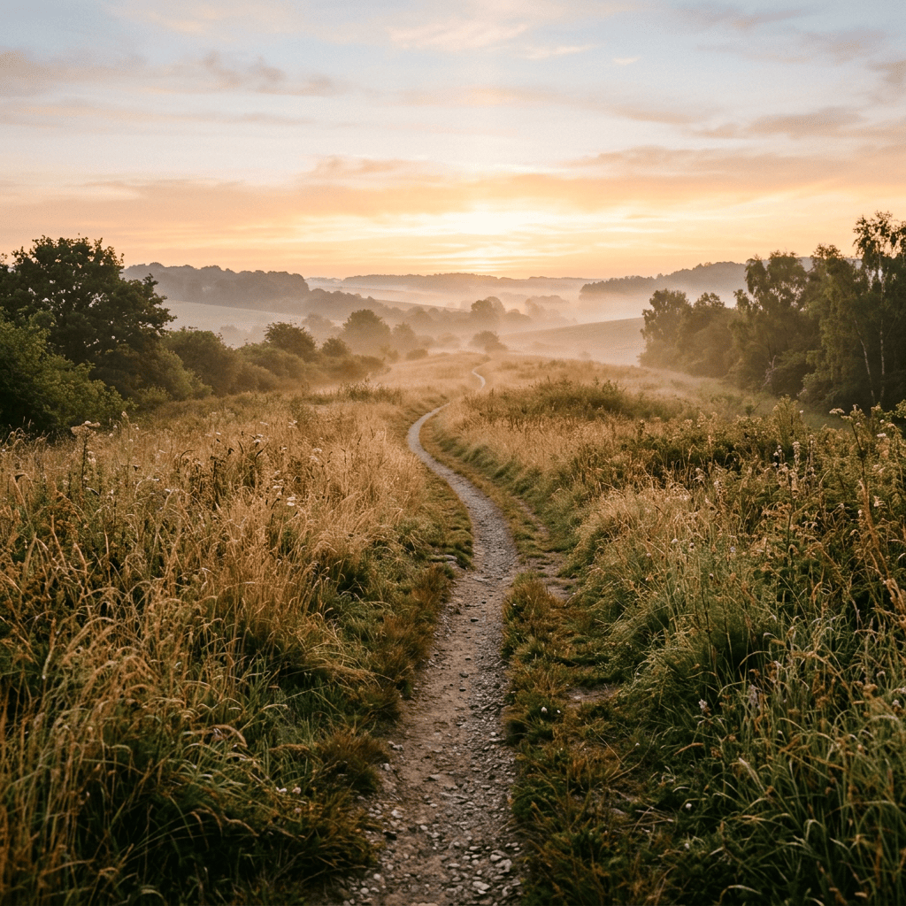 Narrow path through tall grass leading toward misty hills at sunrise