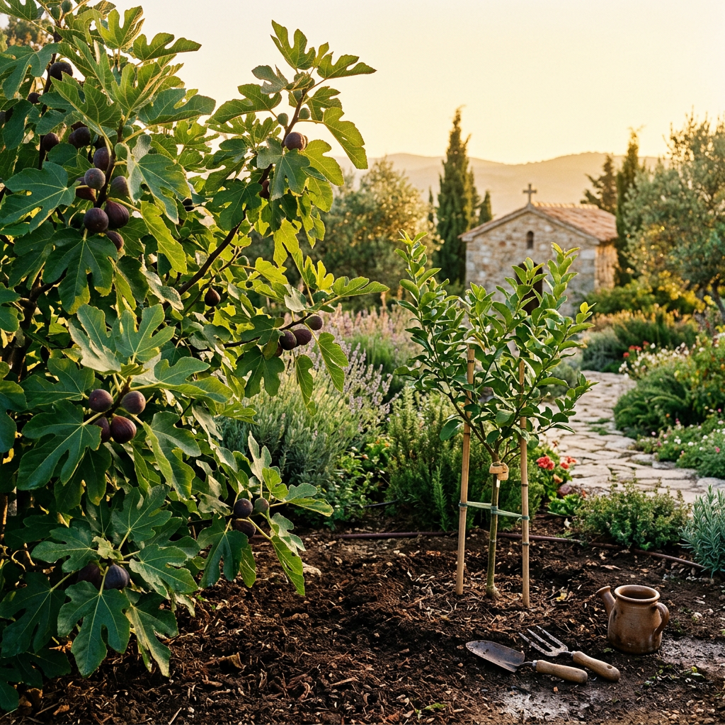 Fig tree and young olive tree beside a garden path and stone chapel
