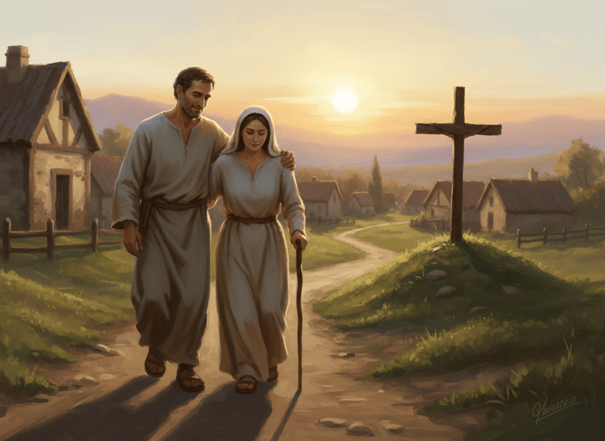 A warm, contemplative Christian scene at golden hour: two people helping one another along a quiet village path, with a simple wooden cross in the distance, soft sunlight, gentle expressions, peaceful Catholic devotional atmosphere, natural colors, realistic painterly style, no text.